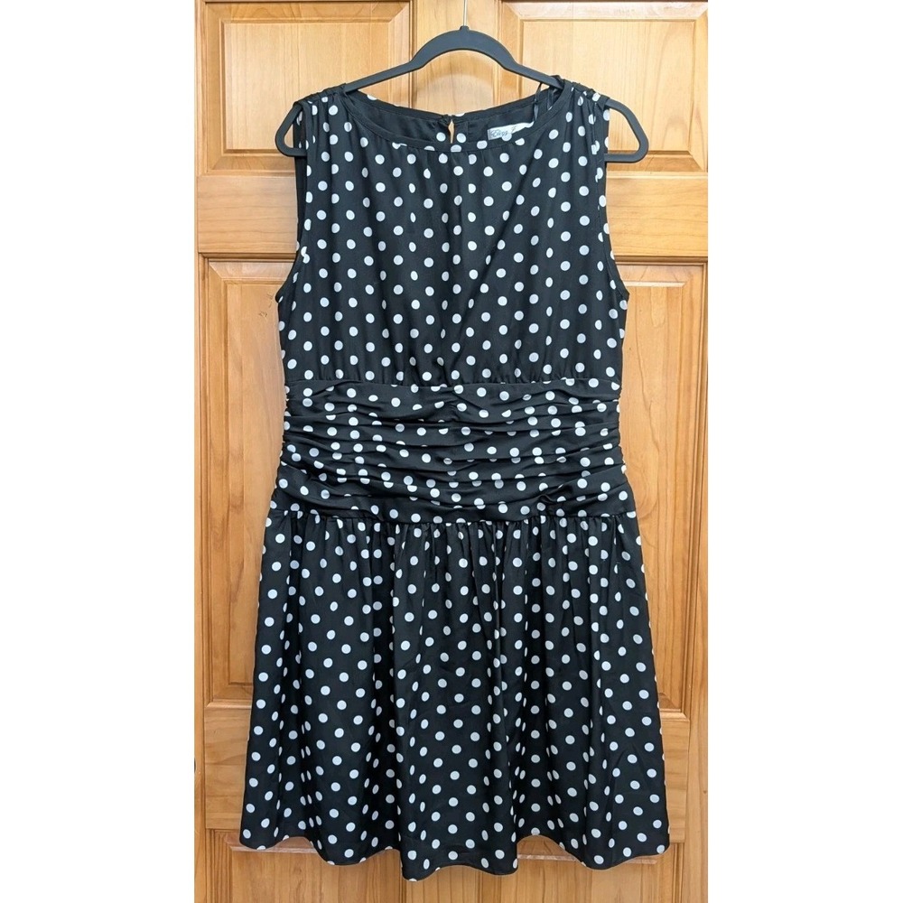 Eliza J Regal Collection 14 Sleeveless Black White Polka Dot Ruched Lined